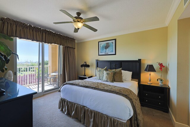 bedroom with ornamental molding, carpet, access to exterior, and ceiling fan