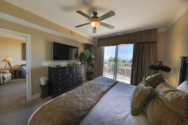 carpeted bedroom featuring ceiling fan, a textured ceiling, access to outside, and ornamental molding