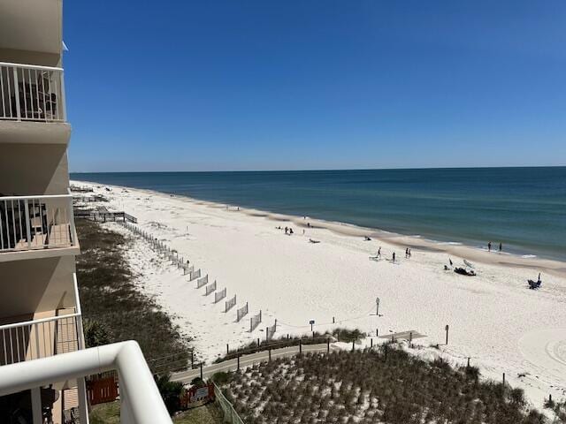 property view of water featuring a beach view