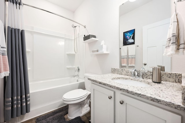 full bathroom featuring shower / bathtub combination with curtain, toilet, and vanity