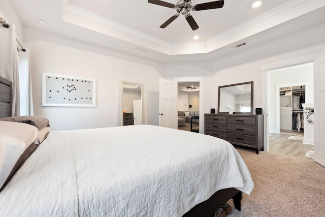 carpeted bedroom featuring a closet, a tray ceiling, ceiling fan, and a walk in closet