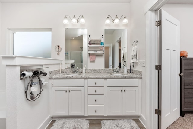 bathroom with wood-type flooring, vanity, and a shower with door