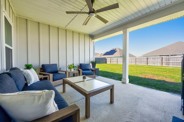 view of patio / terrace featuring ceiling fan and an outdoor hangout area