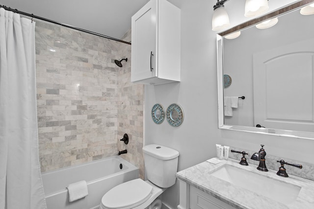 full bathroom with shower / bathtub combination with curtain, vanity, and toilet