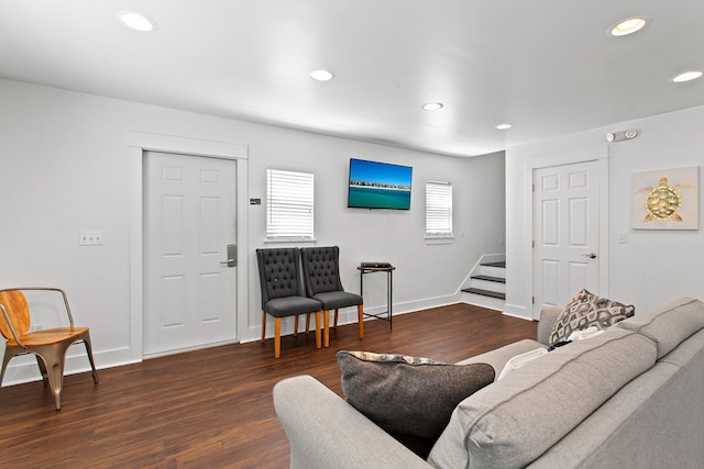 living room with dark wood-type flooring