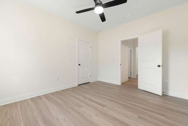 empty room with ceiling fan and light hardwood / wood-style floors