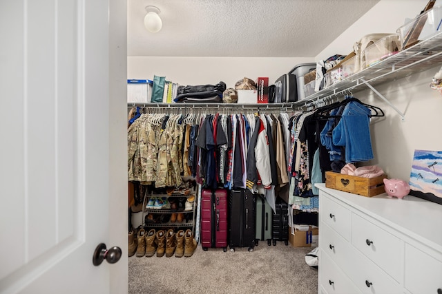 walk in closet featuring light carpet