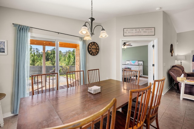 tiled dining room with ceiling fan with notable chandelier