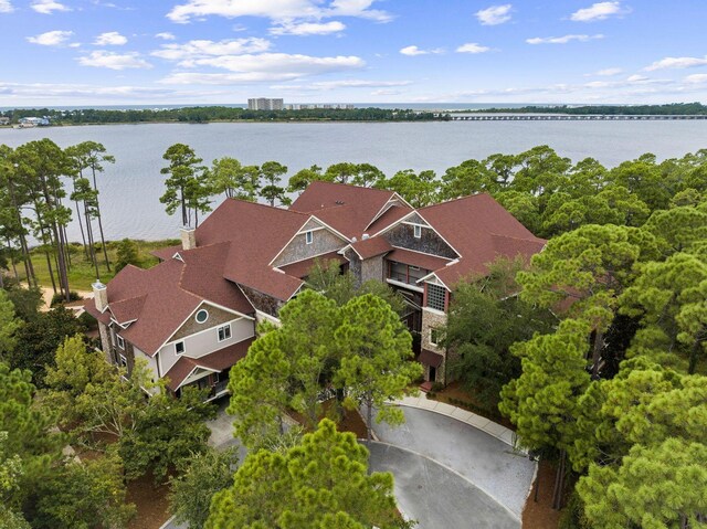 aerial view featuring a water view