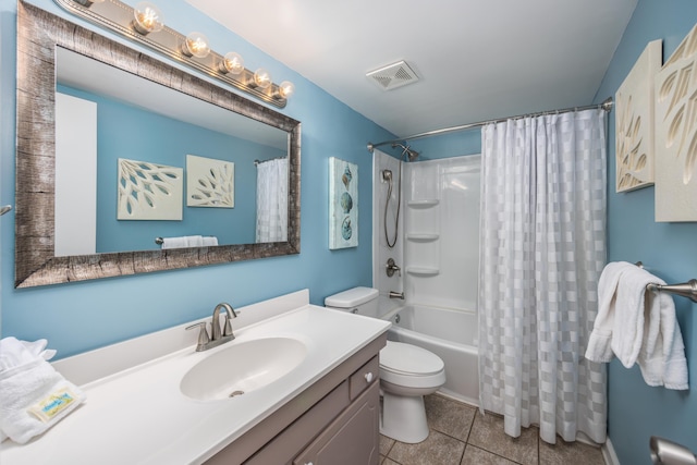 full bath featuring shower / bath combo, vanity, tile patterned floors, toilet, and visible vents