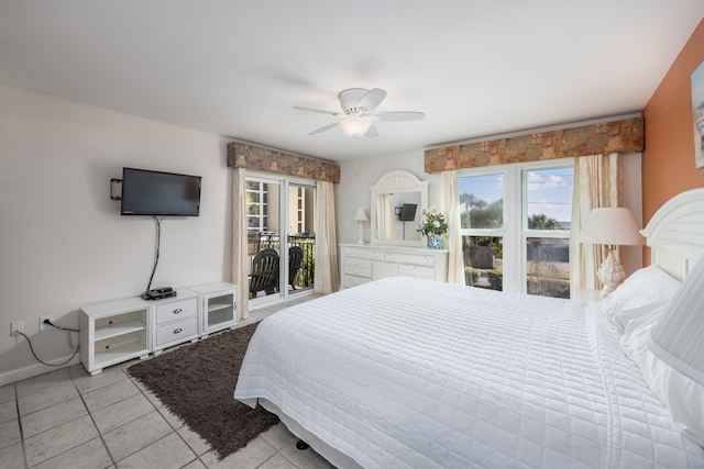 bedroom with light tile patterned floors and ceiling fan