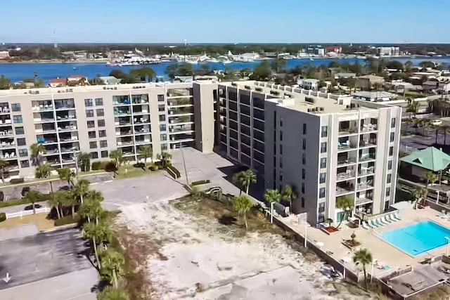 drone / aerial view with a water view