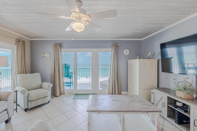 tiled living room with ceiling fan, plenty of natural light, ornamental molding, and wooden ceiling