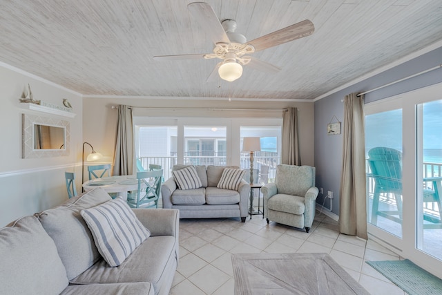 living room featuring ceiling fan, crown molding, light tile patterned floors, and wooden ceiling