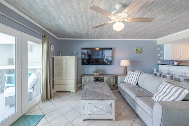 living room featuring ceiling fan, wooden ceiling, light tile patterned floors, and crown molding