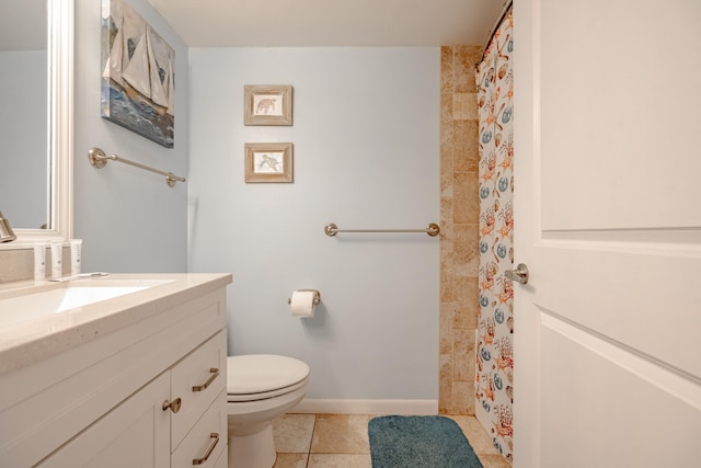 bathroom featuring a shower with curtain, vanity, tile patterned flooring, and toilet