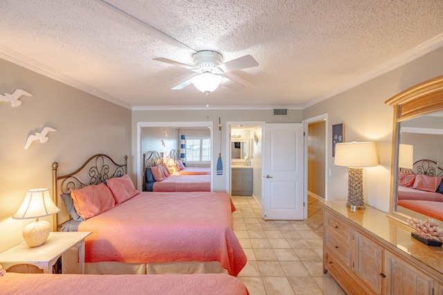 tiled bedroom with a textured ceiling, crown molding, connected bathroom, and ceiling fan