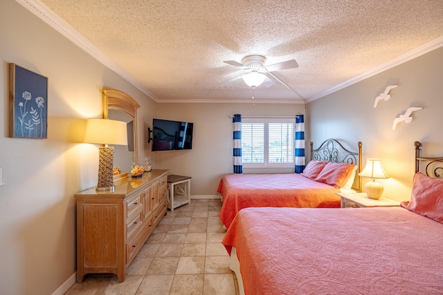 tiled bedroom with ceiling fan, a textured ceiling, and ornamental molding