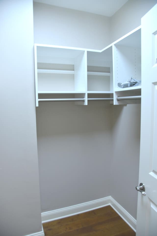 walk in closet with dark hardwood / wood-style floors