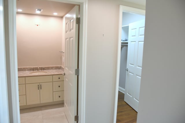 bathroom with vanity and wood-type flooring