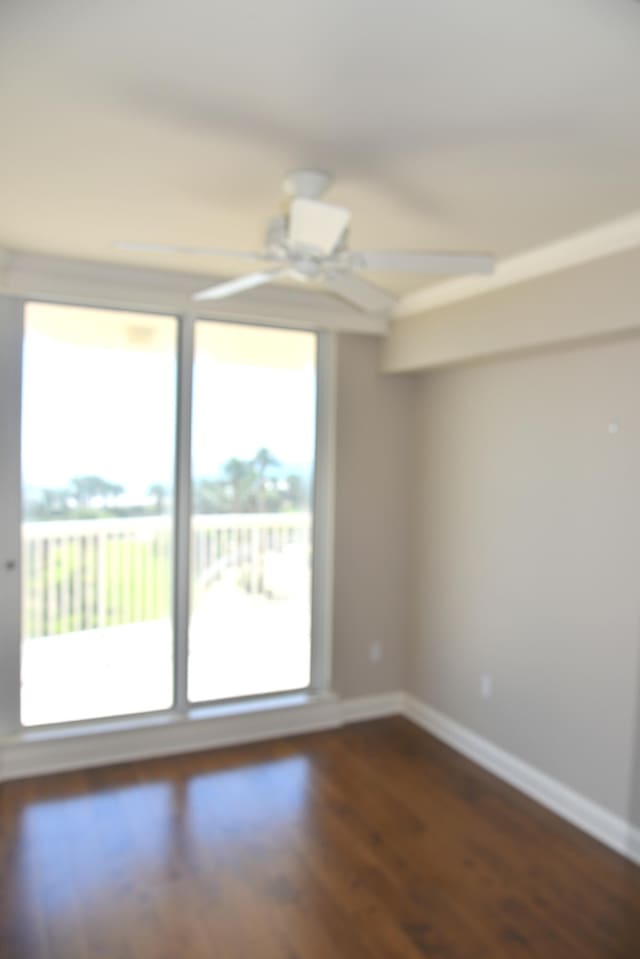 unfurnished room featuring ceiling fan and dark wood-type flooring