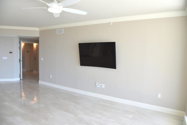 interior space with crown molding and ceiling fan