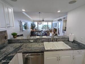 kitchen with ceiling fan, stainless steel dishwasher, sink, and white cabinetry