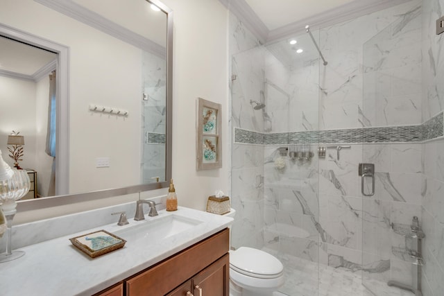 bathroom featuring crown molding, vanity, toilet, and an enclosed shower