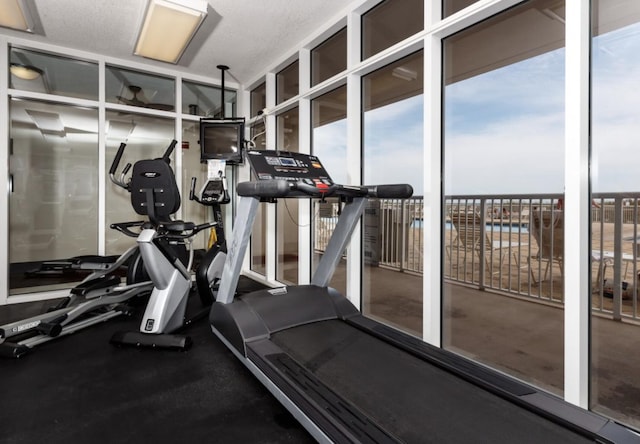 workout area featuring a textured ceiling and floor to ceiling windows