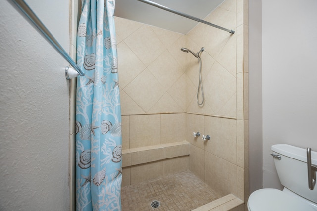 bathroom with a shower with curtain and toilet