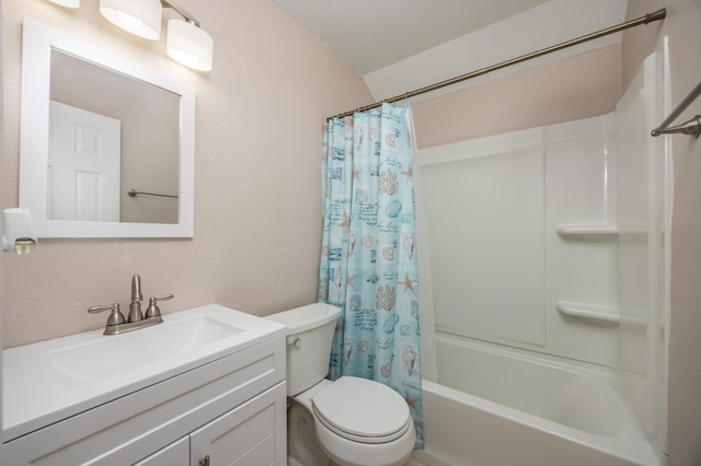 full bathroom featuring toilet, a textured ceiling, shower / bath combination with curtain, and vanity