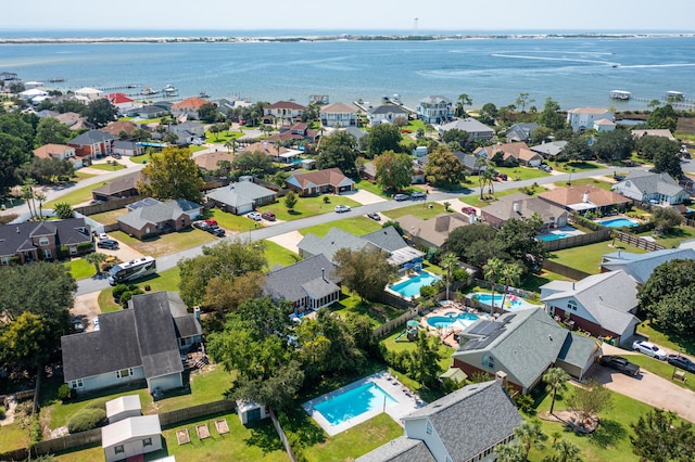 bird's eye view with a water view