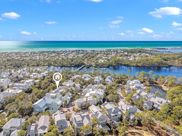 drone / aerial view featuring a water view