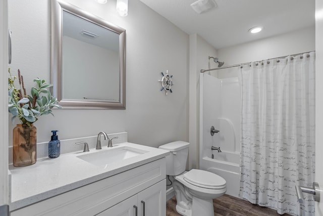 full bathroom with vanity, toilet, wood-type flooring, and shower / tub combo with curtain