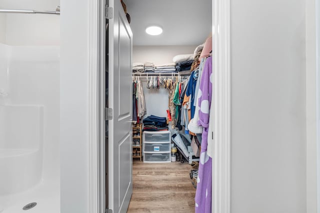 walk in closet with light wood-type flooring