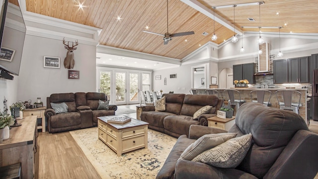 living room featuring light hardwood / wood-style flooring, high vaulted ceiling, ceiling fan, wooden ceiling, and french doors