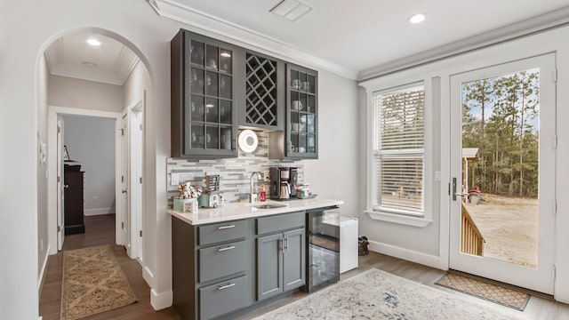 kitchen with gray cabinetry, tasteful backsplash, sink, and a wealth of natural light