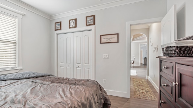 bedroom featuring light wood-type flooring, crown molding, and a closet