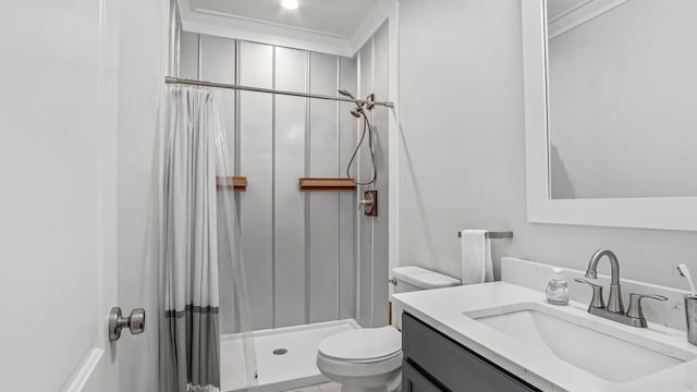 bathroom featuring walk in shower, vanity, and toilet