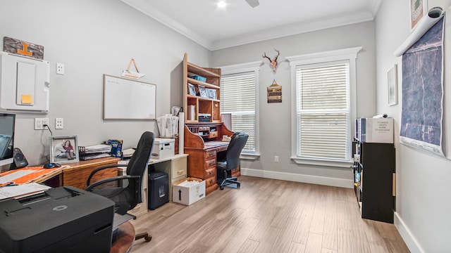 home office with ornamental molding and light hardwood / wood-style flooring