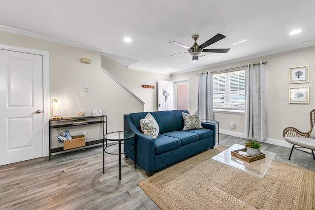 living room featuring ornamental molding, wood-type flooring, and ceiling fan