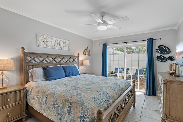 bedroom with crown molding, light tile patterned flooring, access to outside, and ceiling fan