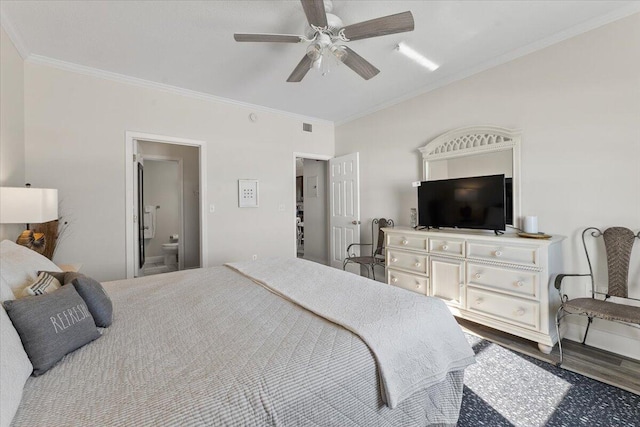 bedroom with hardwood / wood-style floors, ceiling fan, ornamental molding, and ensuite bath