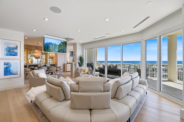 living room featuring light hardwood / wood-style floors and a water view