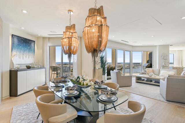 dining area with light wood-type flooring and a wealth of natural light