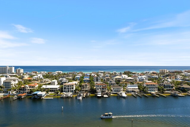 bird's eye view with a water view