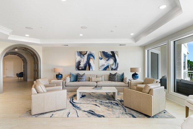 living room with a raised ceiling, ornamental molding, and light hardwood / wood-style flooring