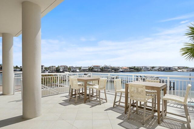 view of patio / terrace featuring a water view