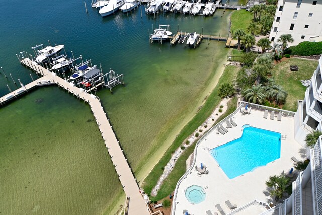 aerial view featuring a water view