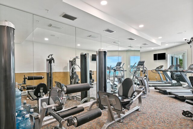 exercise room featuring carpet flooring